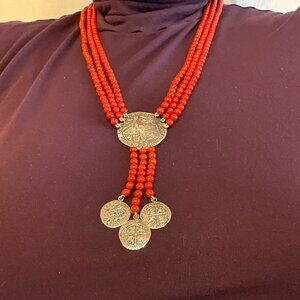 Red coral bead necklace with 925 silver coins